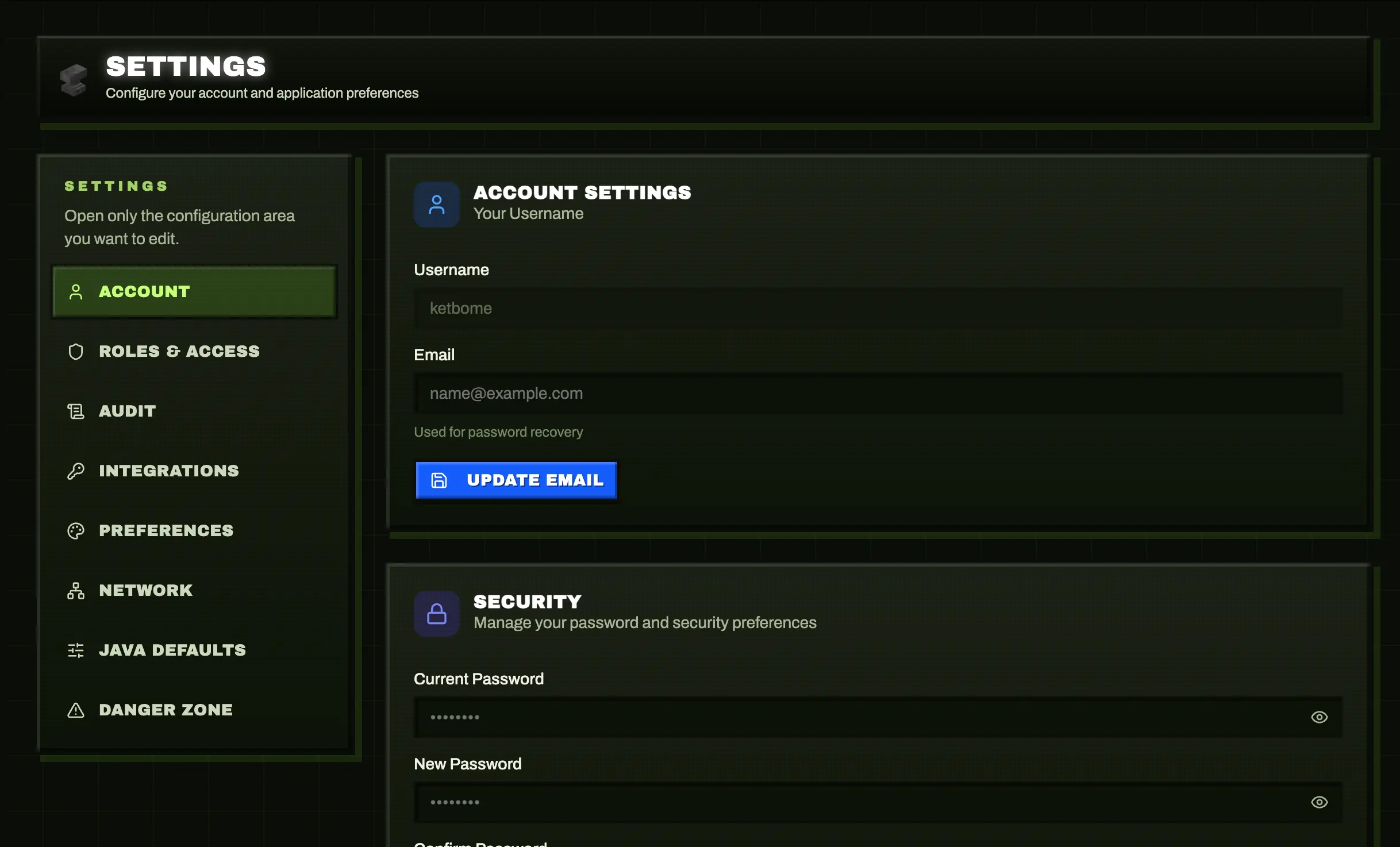 Minepanel administration panel with password and backup management